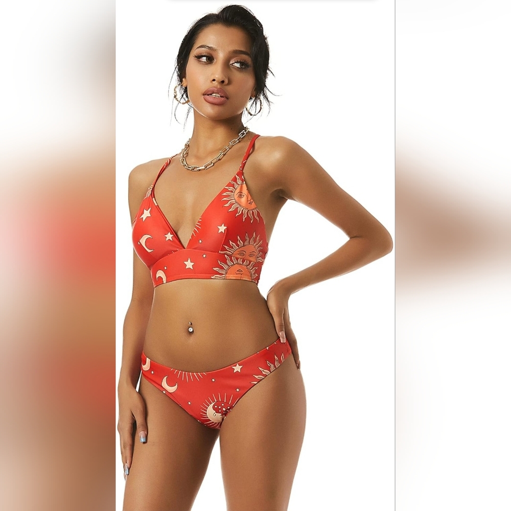 Sun & Moon Orange Red Bikini Size S:Small (Celestial, stars, swimsuit, Zaful)